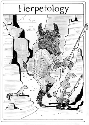 Black and white drawing of buffalo and a rabbit hold fishing poles with loops on the end while a lizard watches them from a rock.